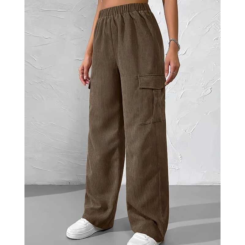 Women's Wide Leg Slacks Streetwear Casual Full Length Natural Plain Pocket Elastic Waist Comfortable Street Daily Wear Weekend Black Brown Fall Regular Fit