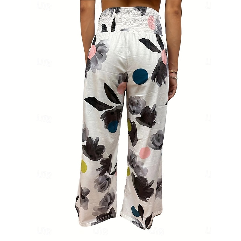 Women's Cotton Linen Pants Wide Leg Chinos Vacation Fashion Casual Full Length High Waist Floral Pocket Elastic Waistband Print Comfy Soft Comfortable Micro-elastic Outdoor Vacation Street Black Pink2