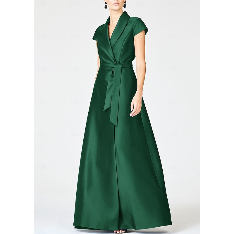 A-Line Mother of the Bride Evening Gown Elegant Formal Dress Formal Wedding Floor Length Short Sleeve Lapel Pocket Satin with Bow(s) Strappy4