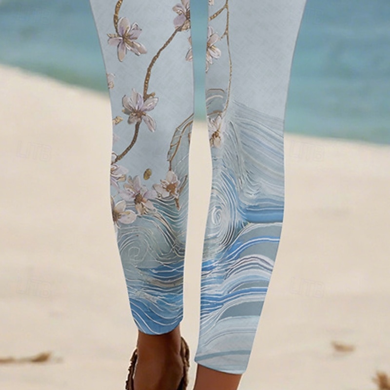 Women's Pants Trousers Leggings Cozy Leggings Streetwear Casual Full Length High Waist Floral Elastic Waist Print Breathability Comfortable Stretchy Vacation Street Daily Wear Light Blue Summer3