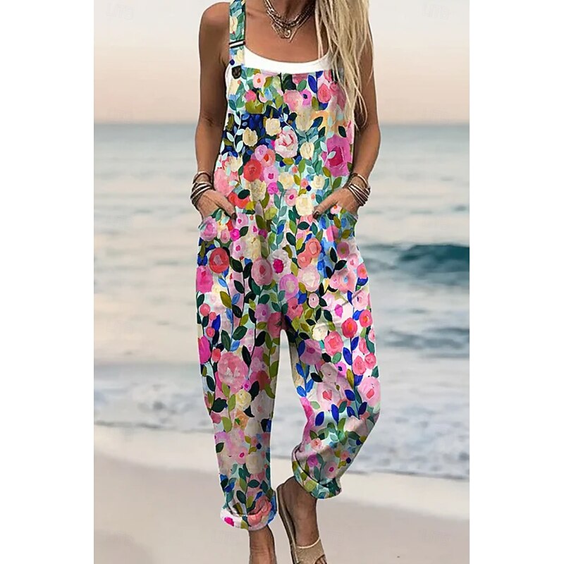 Women's Dungarees Active Floral Sleeveless Sleeveless Straight Square Neck Pocket with Pocket Vacation Daily Loose Fit Pink Red Green Summer