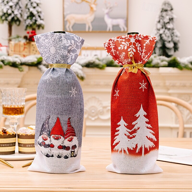 2pcs Christmas Gnome Wine Bottle Covers, Rudolf and Forest Elder Snowflake Design Wine Bottle Bags, Festive Holiday Wine Bottle Sleeves4
