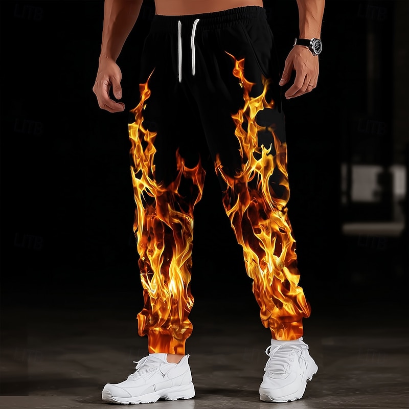 Men's Optical Illusion Lightning Flame Sweatpants Joggers Trousers Mid Waist Drawstring Elastic Waist Casual Jogging Streetwear Workout Athletic Sweatpants with Pockets Spring Fall 3D Print Black Red - Main Image