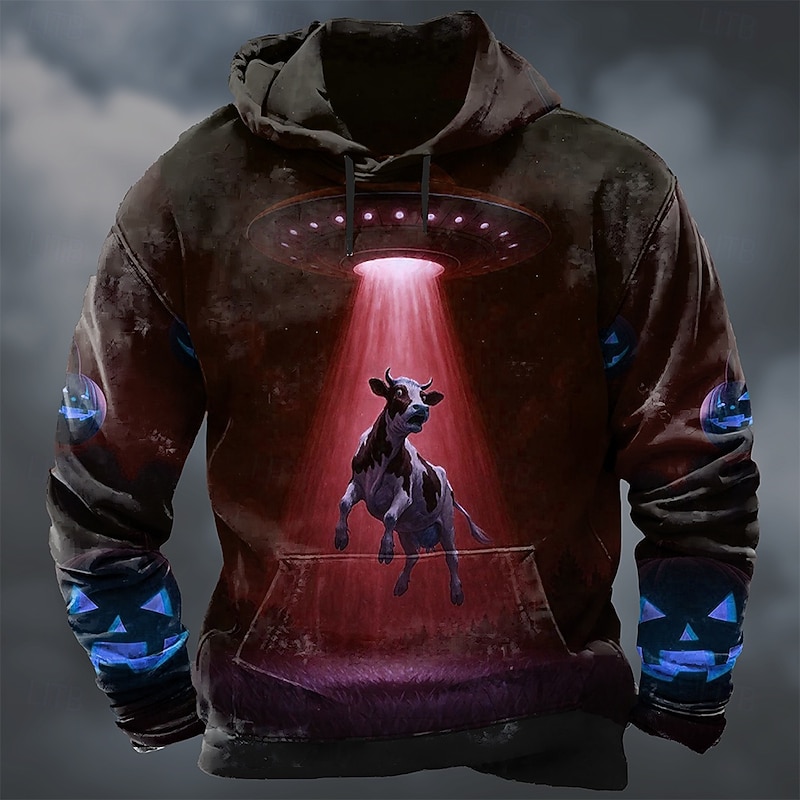Men's Cow Hoodie Sweatshirt Cool Party Crew Neck Club Streetwear Red Blue Drawstring Fall Winter Designer3