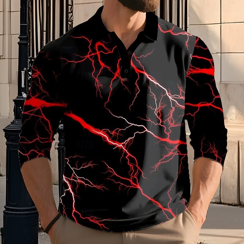 Men's Lightning Polo Long Sleeve Polo Shirts Lapel Casual Outdoor Street Athleisure Daily Wear 3D Print Buttons Spring Fall Winter Yellow Red Green2