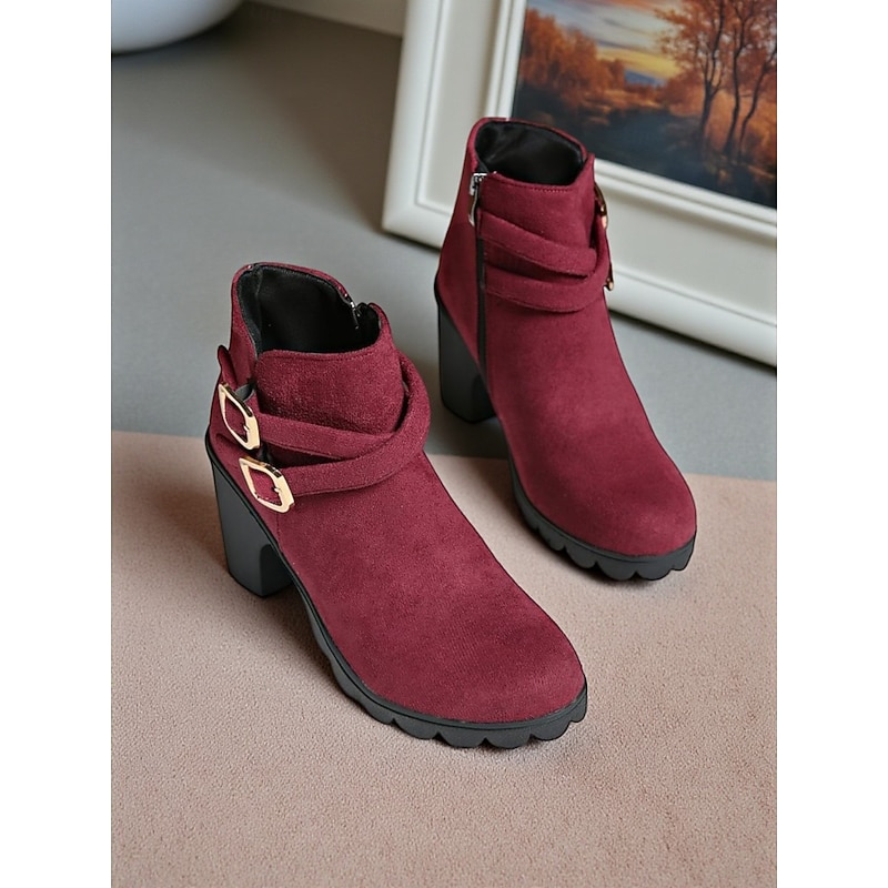 Women's Suede Ankle Boots with Double Buckle Straps and Block Heels, Casual Footwear for Everyday Outfits4