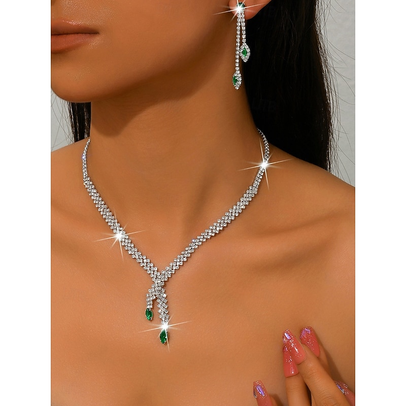 Women's Silver-Tone Necklace and Earring Set with Red Gemstone Accents - Elegant Party Jewelry