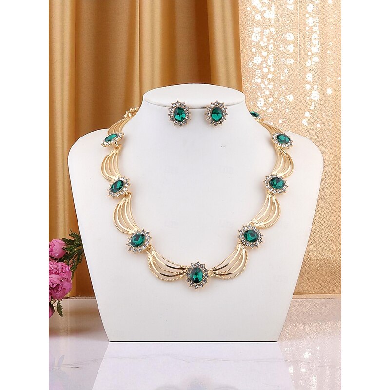 Women's Gatsby Party Jewelry Set - Gold-Plated Green Crystal Necklace and Earrings with Vintage 1920s Art Deco Style for Retro Costumes and Evening Events