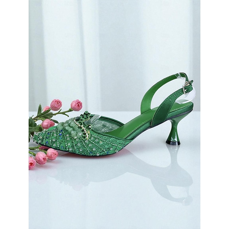 Women's Green Rhinestone Heel Shoes and Clutch Bag Set - Elegant Slingback Pumps and Handbag for Cocktail Party and Formal Occasion3