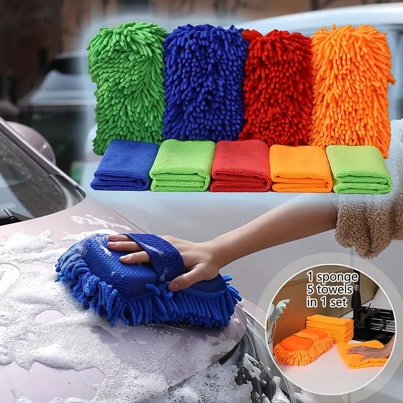 6-Piece Car Wash Sponge and Towel Set – Includes 1 Cleaning Sponge Glove and 5 Soft, Super Absorbent Microfiber Towels – Reusable for Car, Home, and Kitchen Use