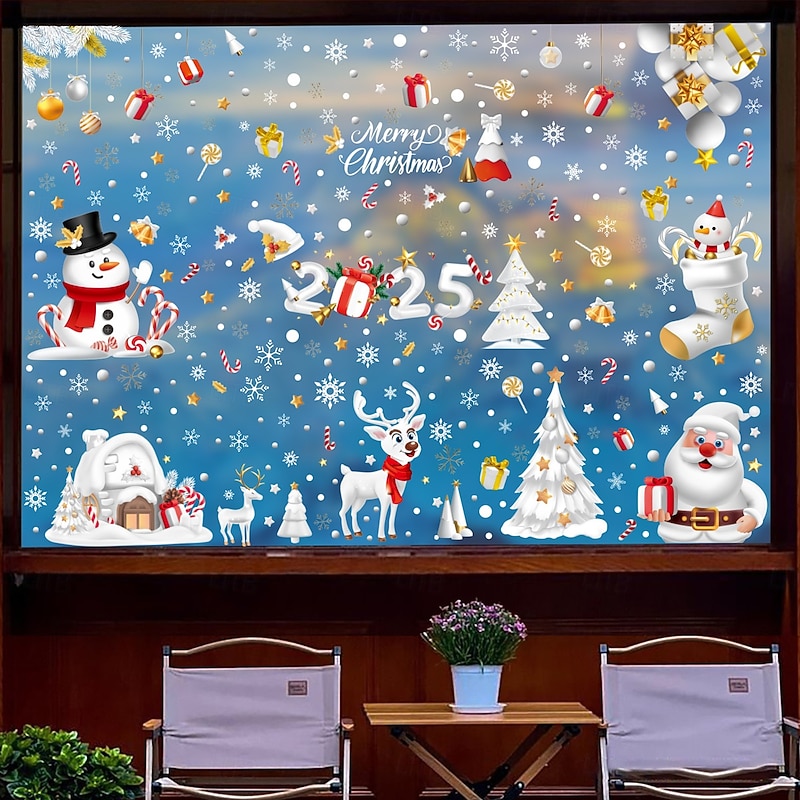 9 Sheets Christmas Window Cling Wall Sticker Decals Decorations, Candy Canes, Snow Houses, Snowflakes, Santa Claus, Reindeer & Snowmen, Static Cling, Holiday Home & Store Decor