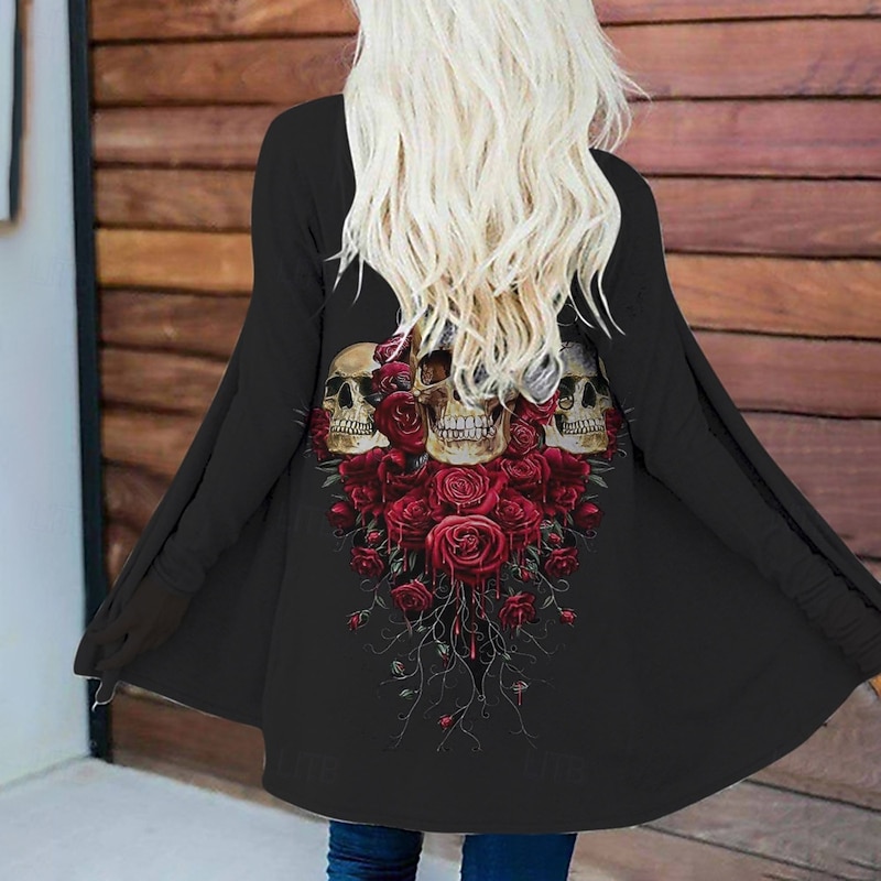 Halloween Women's Casual Jacket Warm Comfortable Skulls Irregular Hem Open Front Elegant Vintage Modern Floral Street Casual Athleisure Daily Long Collarless Long Sleeve Outerwear Gray Pink Black2