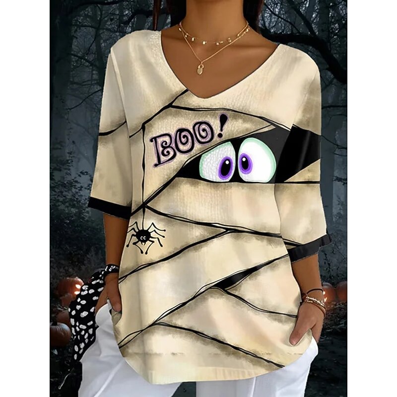 Women's Blouse Graphic Halloween Daily Casual Half Sleeve V Neck Regular Tops Daily Holiday Print Khaki Summer Spring Fall