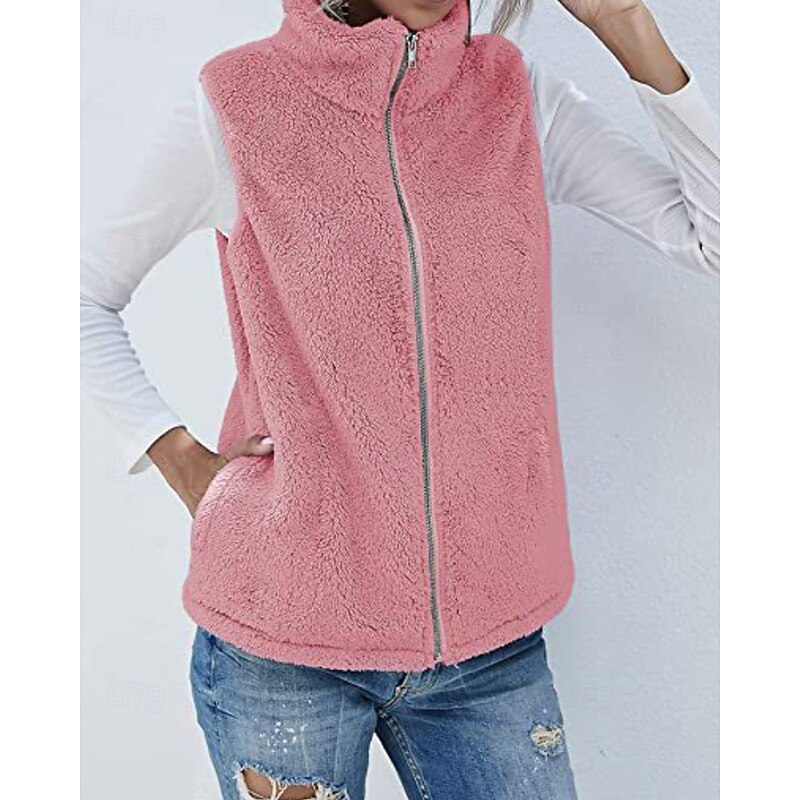 Women's Vest Warm Comfortable Zipper Pocket Casual Plain Casual Daily Weekend Zipper Regular Turndown Regular Fit Sleeveless Outerwear Black Pink Wine Fall Winter3