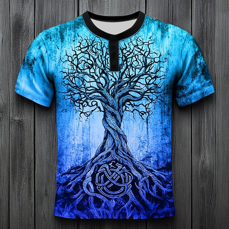 Men's Tree Pattern T Shirt Henley Shirt Short Sleeve Vintage Designer Retro Vintage Street Casual Daily Summer Spring All Seasons Blue Dark Green Purple Orange khaki Henley Henley T-Shirt2