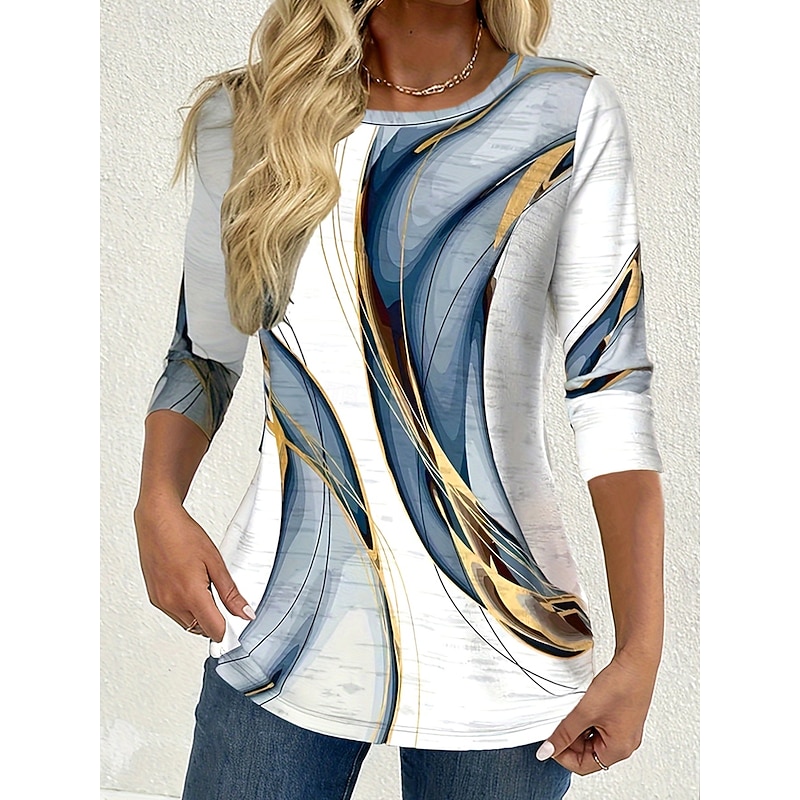 Women's T Shirt Ombre Graphic Abstract Vintage Fashion Stylish Long Sleeve Crew Neck Regular Tops Daily Weekend Print Dusty Blue Spring Fall Winter