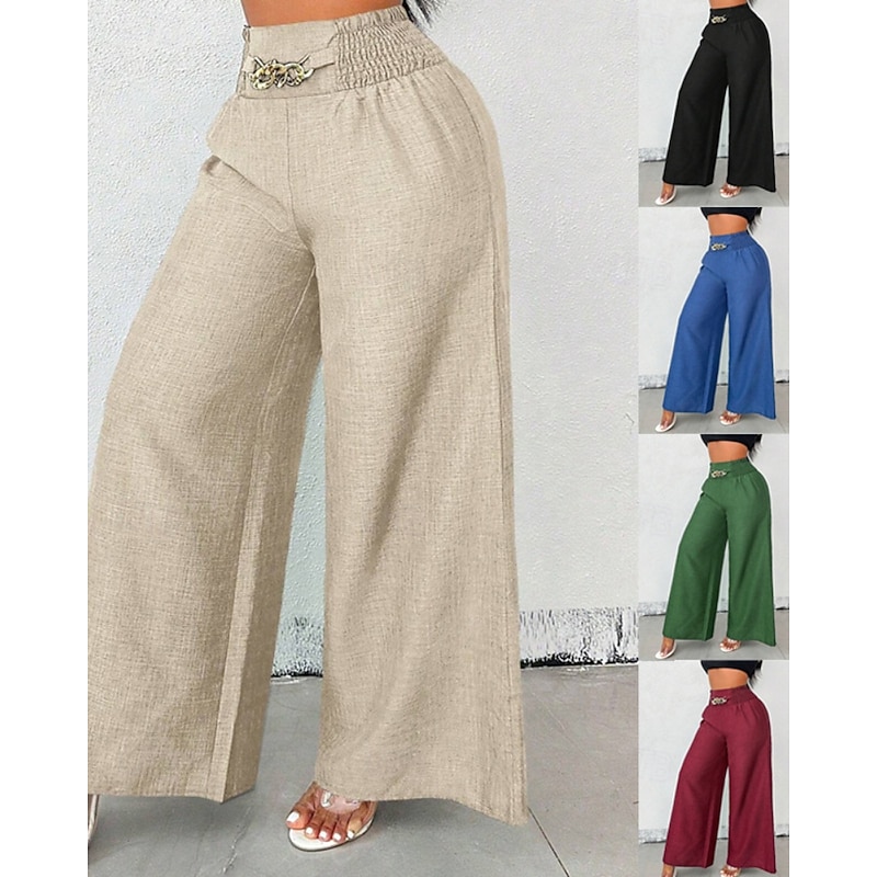 Women's Wide Leg Slacks Streetwear Casual Full Length Natural Plain Elastic Waist Comfy Holiday Weekend claret Apricot Black Blue Winter Regular Fit