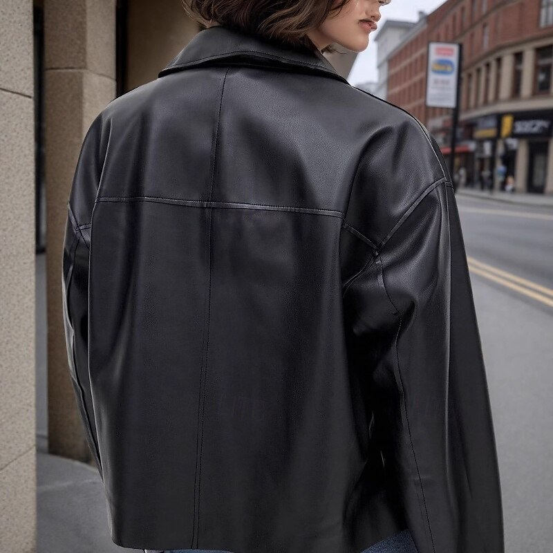 Women's Faux Leather Jacket Casual Jacket Comfortable Zipper Fashion Plain Going out Casual Daily Zipper Regular Turndown Regular Fit Long Sleeve Outerwear Black Fall Winter4