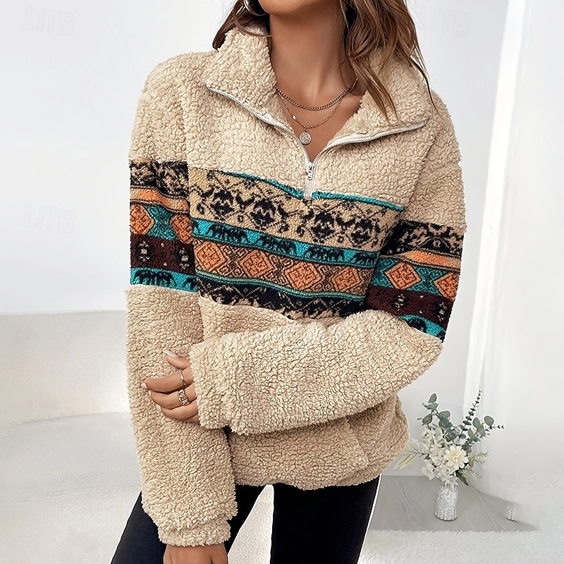 Women's Casual Double Fuzzy Sweatshirt Thick Warm with Pockets Long Sleeve Sports Color Block Top For Outdoor Travel Vacation Activewear4