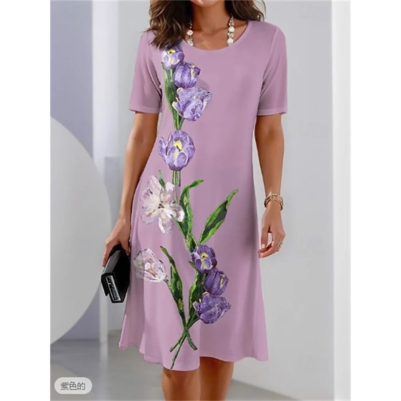 Women's Elegant Midi Dress T Shirt Dress Tee Dress Shift Dress Party Evening Casual Formal Daily Regular Fit Floral Graphic Abstract Short Sleeve Crew Neck Black White Light Purple Spring