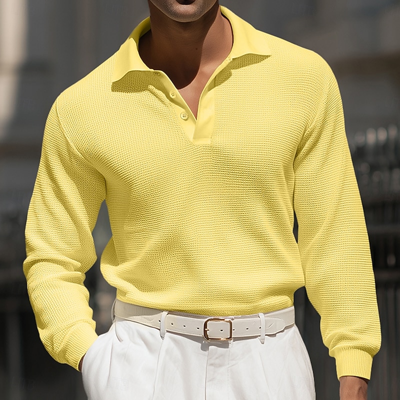 Men's Waffle Polo Shirts Golf Shirt Street Casual Lapel Long Sleeve Basic Modern Plain Textured Buttons Summer Spring Fall Regular Fit Black White Yellow Red Blue Gray Waffle Polo Shirts4