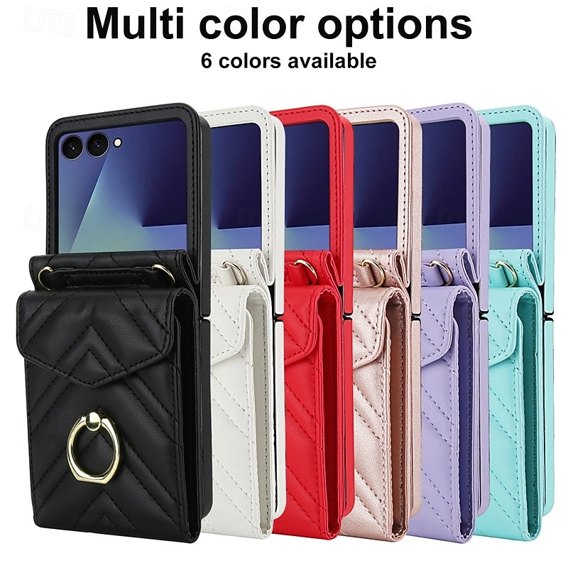 Phone Case For Samsung Galaxy Z Flip 7 Z Flip 6 Z Flip 5 Z Flip 4 Wallet Case with Lanyard Card Slot Ring Buckle Retro TPU PU Leather