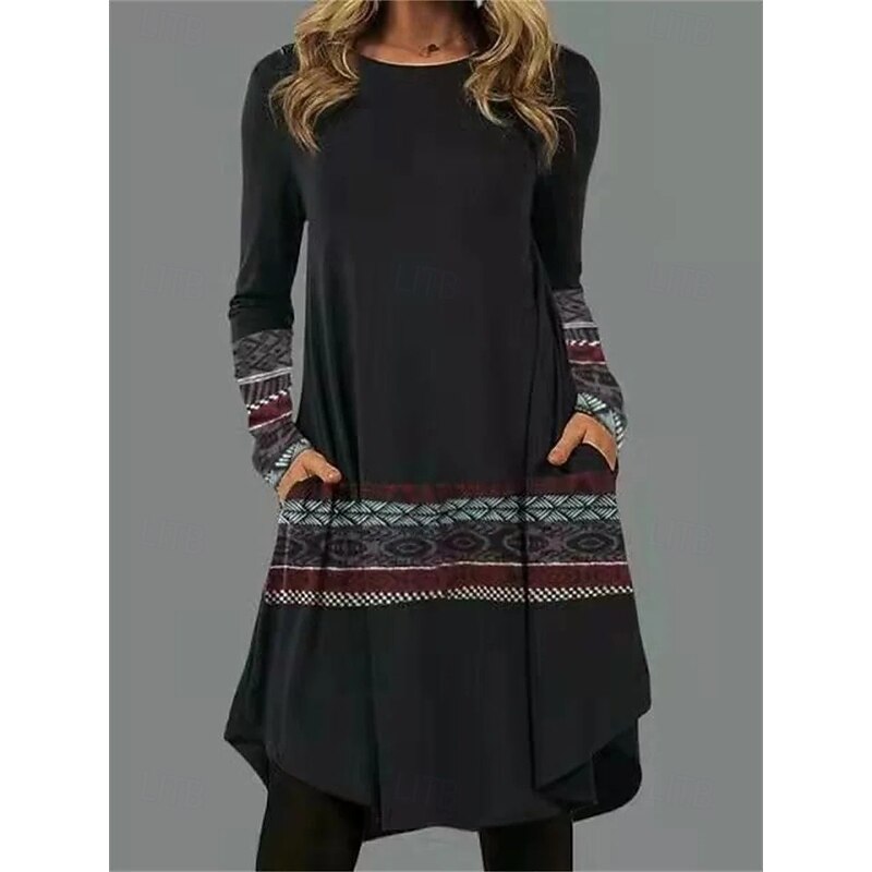 Women's Midi Dress Sheath Dress T Shirt Dress Tee Dress A Line Dress Athletic Dress Casual Boho Daily Loose Fit Graphic Geometric Houndstooth Long Sleeve Crew Neck Black Pink Blue Dark Grey2