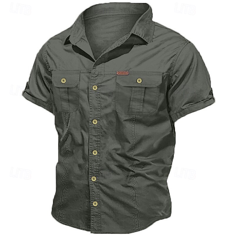 Men's Shirt Workwear Shirts Casual Shirt Work Shirt Button Up Shirt Cargo Shirt Black Navy Blue khaki Army Green Beige Short Sleeve Plain Turndown Vacation Going out Button-Down Clothing Apparel 100