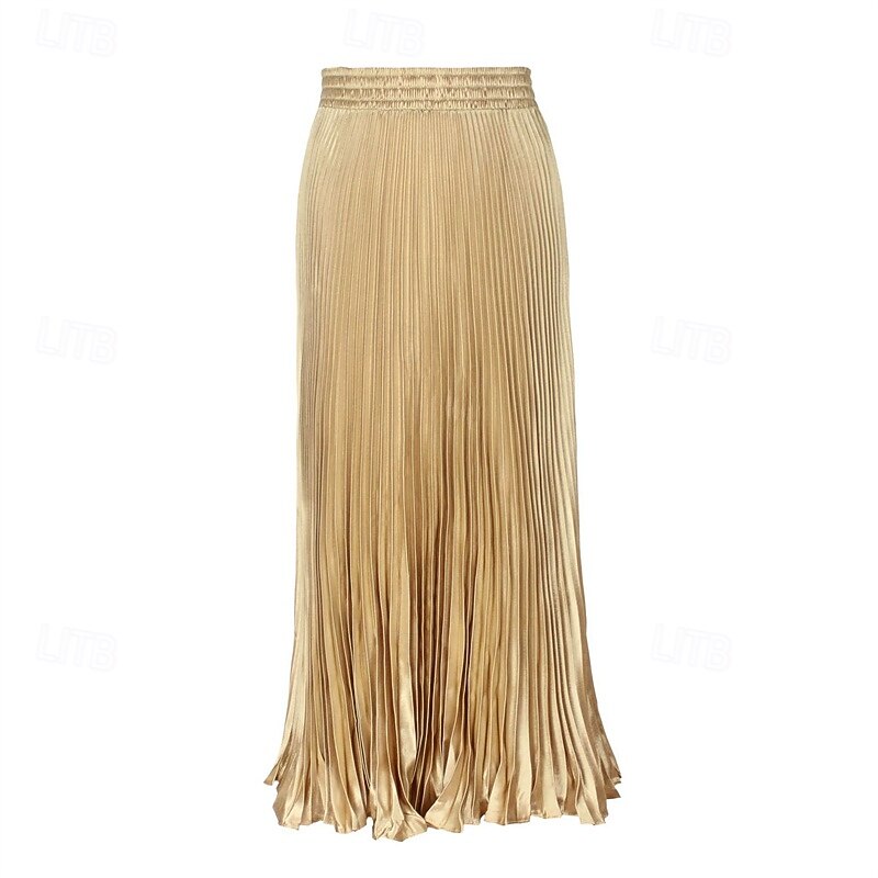 Women's Skirt A Line Fashion Casual Maxi High Waist Skirts Plain Pleated Micro-elastic Casual Daily Weekend Wine Red Champagne Gold Summer Polyester