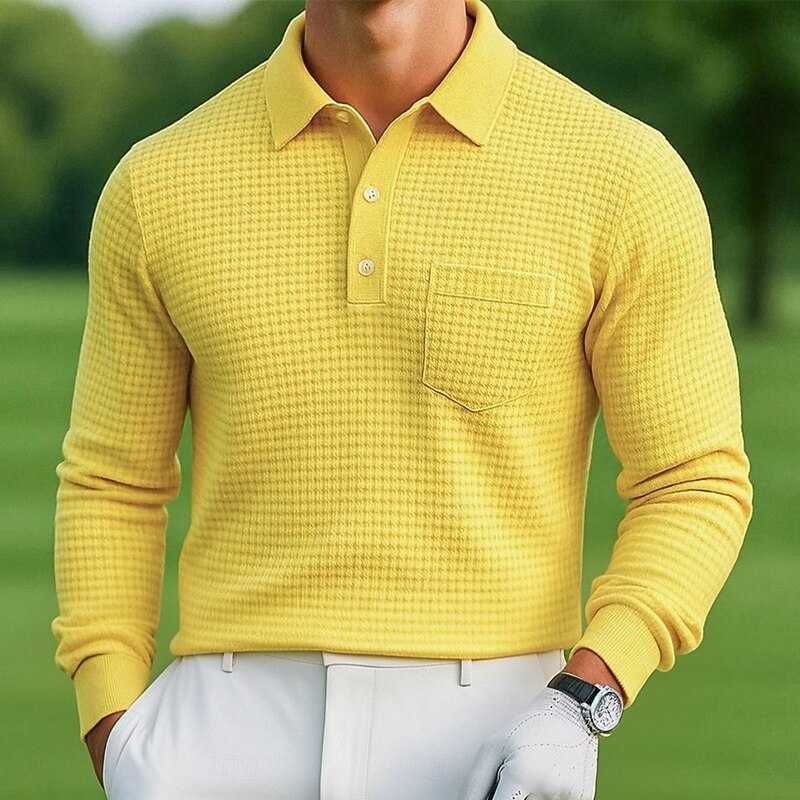 Men's Golf Polos Shirts Waffle Knit Polo Shirt Business Casual Ribbed Polo Collar Long Sleeve Fashion Basic Solid Color Pocket Knitting Spring Fall Winter Regular Fit Yellow Navy Blue Blue Golf Polos