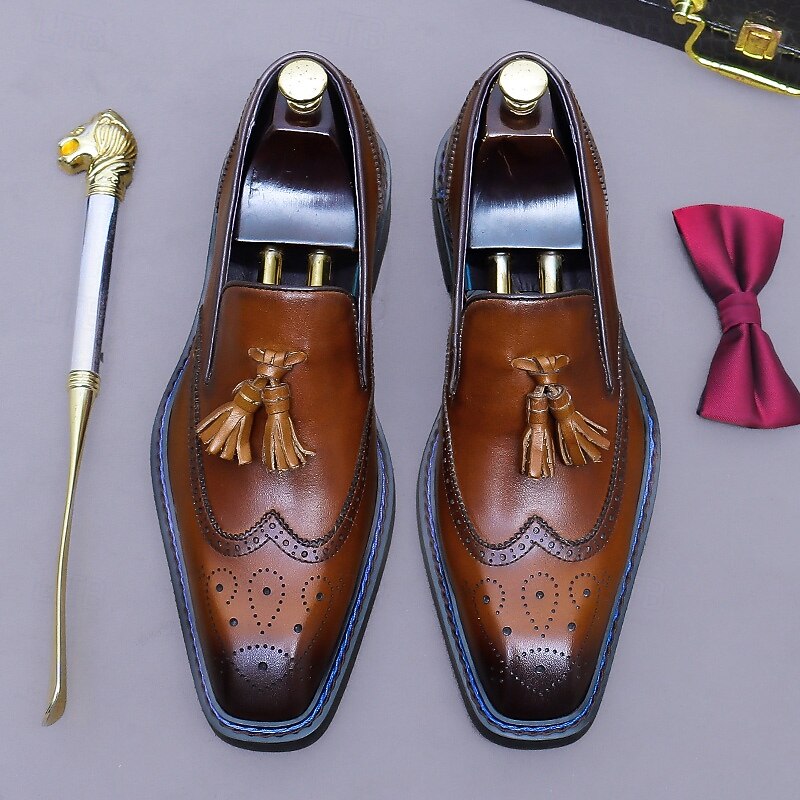 Men's Leather Tassel Loafers - Genuine Cowhide Classic Brogue Dress Shoes with Perforated Detailing, Slip-On Business Formal Shoes for Office, Weddings, and Elegant Occasions2