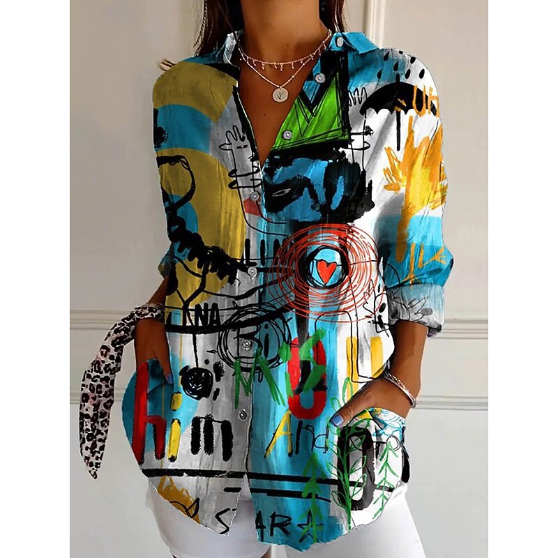 Women's Shirt Graphic Geometric Vintage Daily Casual Long Sleeve Shirt Collar Regular Tops Daily Holiday Print White Yellow Blue Dusty Blue Summer Spring4