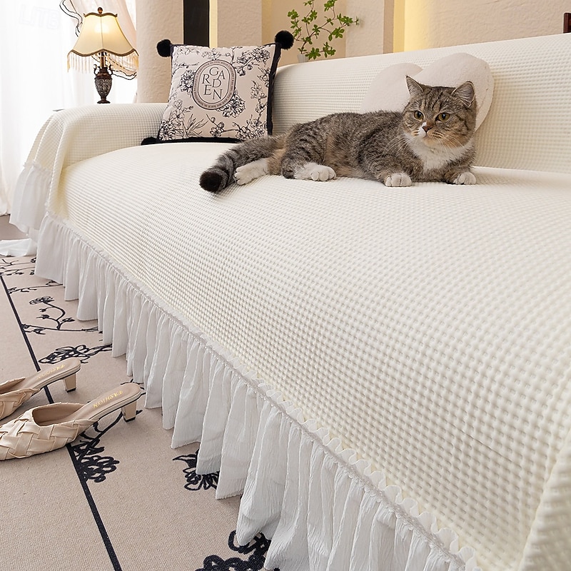 French Style Couch Cover for Pets, Pet Friendly Cream Solid Color Sofa Throw Blanket with Lace, Full-Cover Anti-Scratch Sofa Cushion Protector, Elegant Slipcover for Living Room Decor