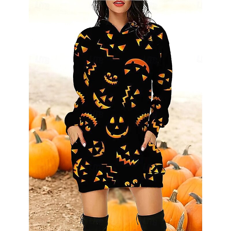 Halloween Women's Hoodie Dress Pumpkin Print Mini Dress Shift Dress Casual Vacation Holiday Weekend Loose Fit Graphic Pumpkin Long Sleeve Hooded Black Purple Orange Fall Winter