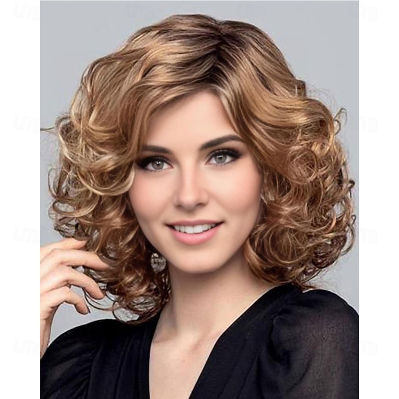 Women’s Golden Brown Short Curly Bob Wig Natural Looking Realistic Synthetic Hair Heat Resistant Layered Elegant Daily Wear Fashion Style