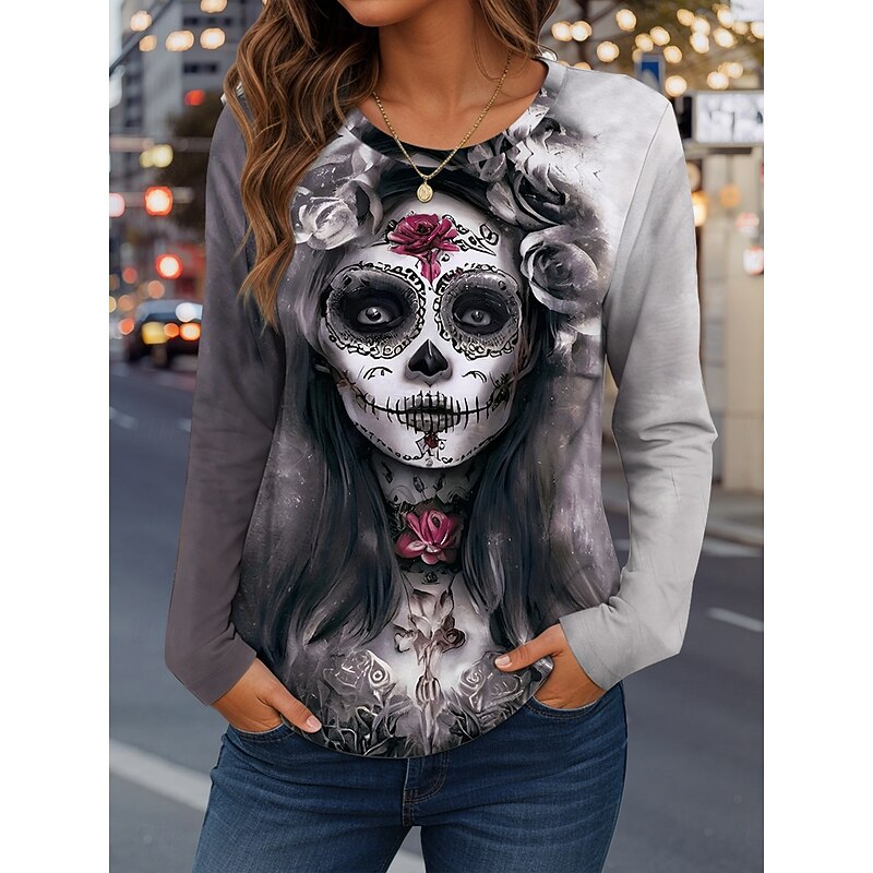 Halloween Women's T Shirt Skulls Graphic Vintage Fashion Casual Long Sleeve Crew Neck Regular Tops Daily Weekend Print Pink Red Blue Gray Spring Fall
