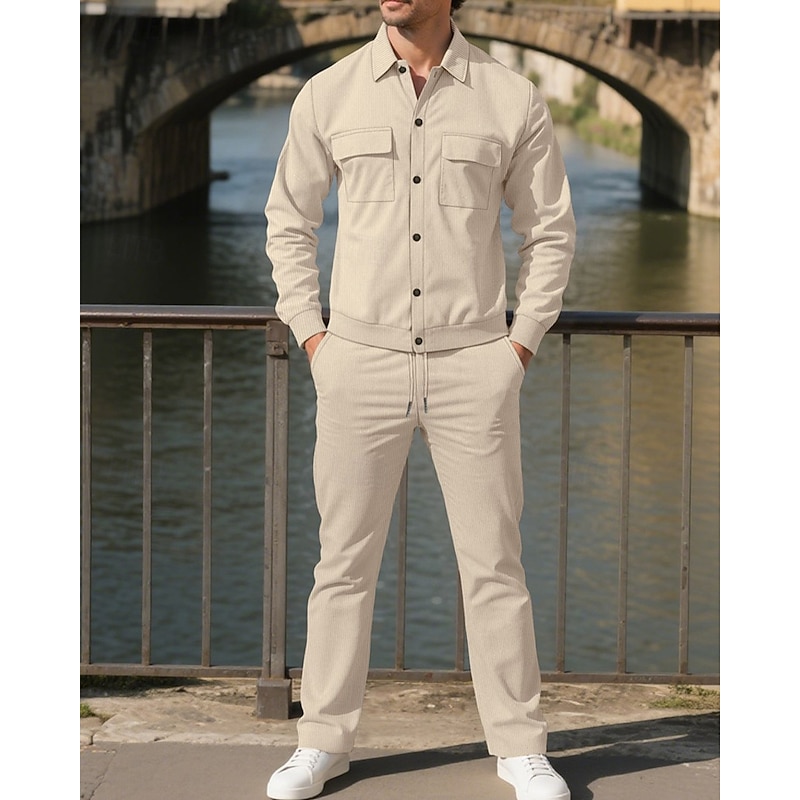 Men's Lightweight Jacket Corduroy Jacket Casual Jacket Set Vacation Daily Breathable Pocket 2 Piece Spring Fall Plain Fashion Classic Lapel Regular Black White Navy Blue Khaki Army Green Jacket2