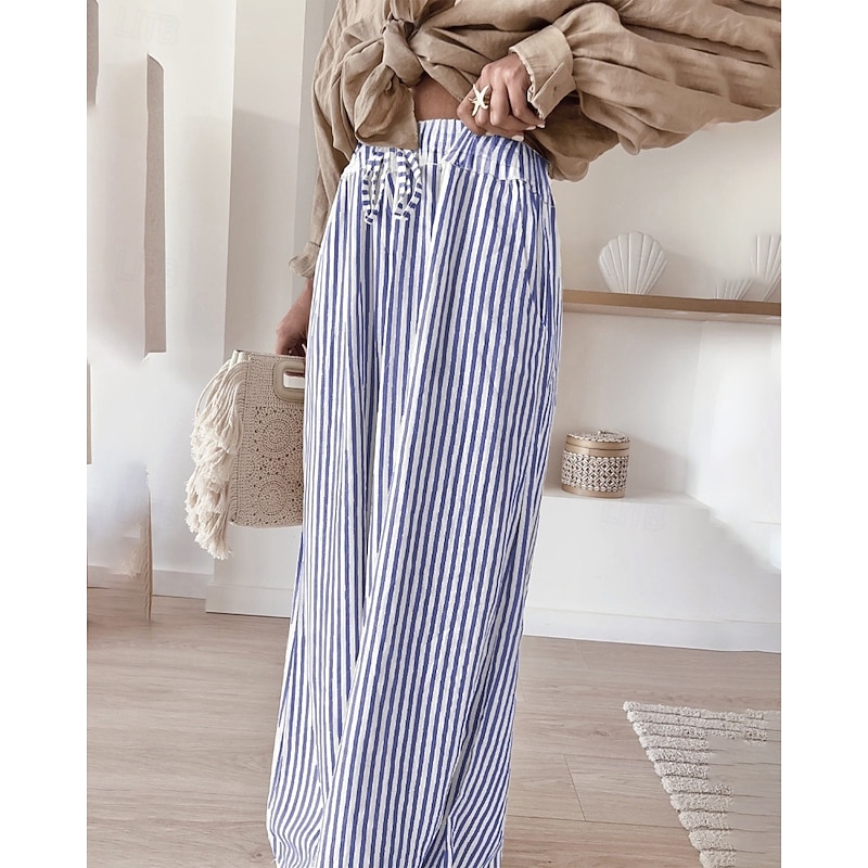 Women's Wide Leg Slacks Streetwear Casual Full Length Natural Striped Elastic Drawstring Design Comfortable Street Holiday Daily Wear Black Red Blue Khaki Fall Regular Fit4