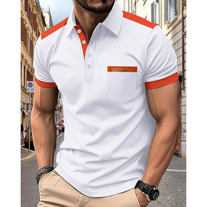 Men's Golf Shirt Golf Polos Shirts Work Casual Lapel Short Sleeve Basic Modern Color Block Patchwork Pocket Summer Spring Regular Fit White Dark Green Khaki Gray Golf Shirt