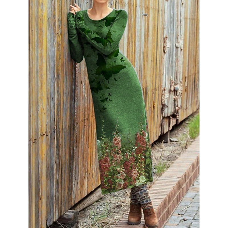 Women's Midi Dress Sheath Dress T Shirt Dress Tee Dress Casual Daily Holiday Regular Fit Graphic Geometric Long Sleeve Crew Neck Red Blue Green Peacock Blue Fall4