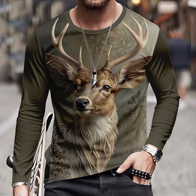 Men's Camo Deer T Shirt Long Sleeve T shirt 3D Print Crew Neck Shirt Fashion Outdoor Street Sports Outdoor Hunting Dark Brown Light Brown Brown Summer Spring Clothing Apparel S M L XL XXL XXXL4