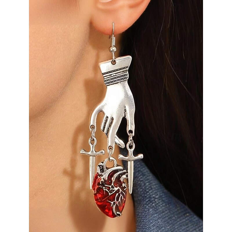 Women's Halloween Gothic Hand and Heart Earrings, Silver Drop Dangle Jewelry with Red Crystal Accents for Costume Parties and Cosplay3
