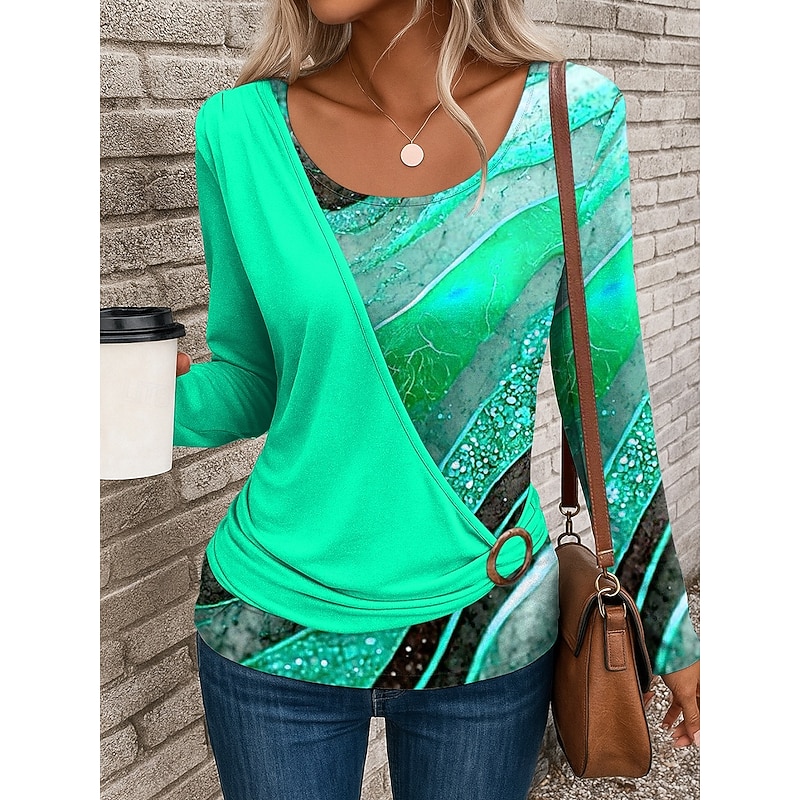 Women's T Shirt Graphic Geometric Stylish Casual Long Sleeve Crew Neck Regular Tops Daily Patchwork Print Yellow Red Blue Purple Green Summer Fall Winter4