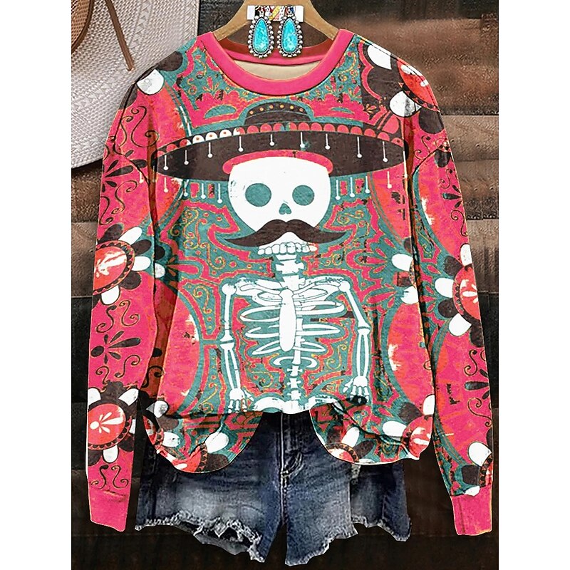Halloween Women's Sweatshirts Skulls Graphic Warm Casual Festival Long Sleeve Crew Neck Round Neck Regular Tops Street Dailywear Casual Print Maroon Red Orange Spring Fall Winter2