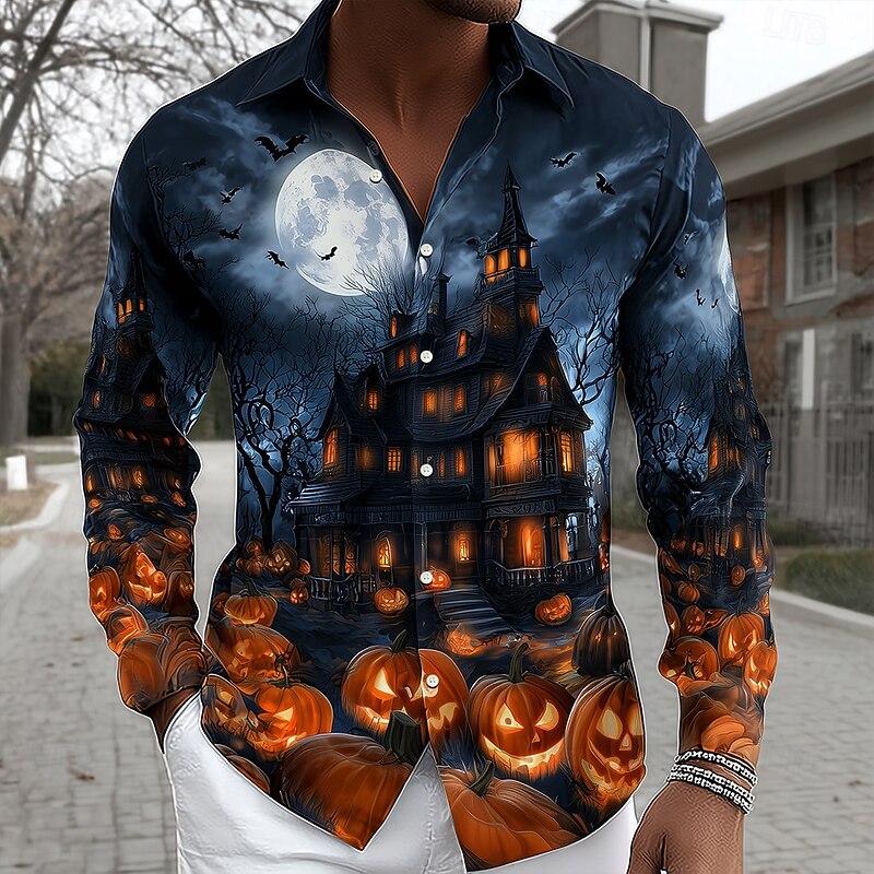 Halloween Men's Pumpkin Haunted House Halloween Costumes Shirt Button Up Shirt Long Sleeve Casual Outdoor Holiday Summer Spring Turndown 3D Print Collared Shirts Green Dark Blue