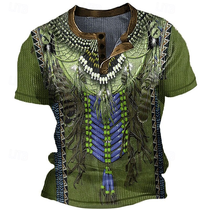 Men's Graphic Boho Waffle Henley Shirt Short Sleeve 3D Print Fashion Designer Basic Outdoor Daily Summer Blue Brown Green Khaki Henley Henley T-Shirt4