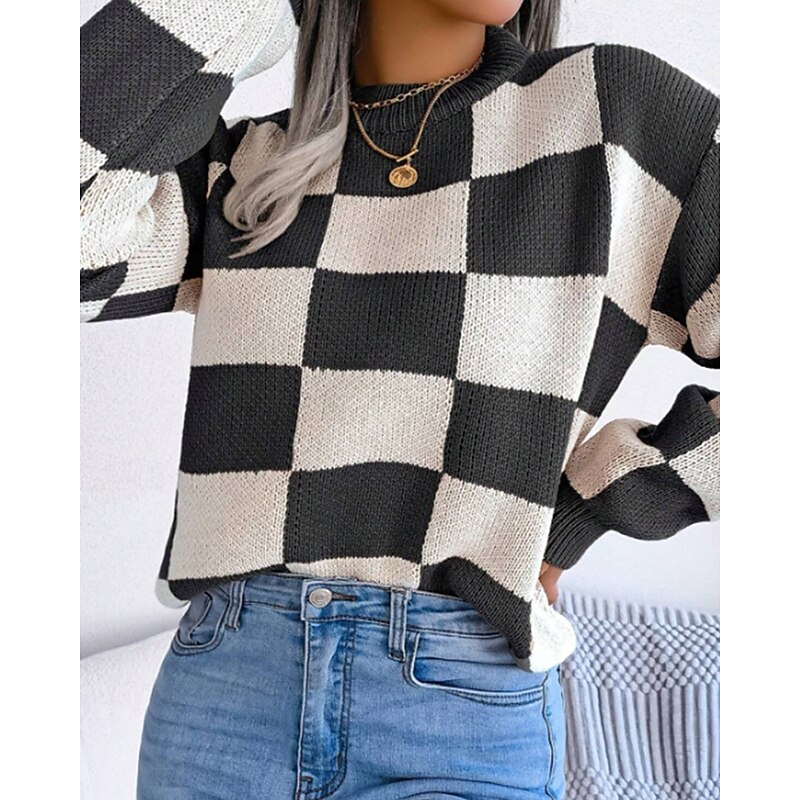 Women's Sweater Pullover Casual Plaid Ribbed Crew Neck Knitted Long Sleeve Regular Tops Knit Daily Going out Weekend Gray Winter2