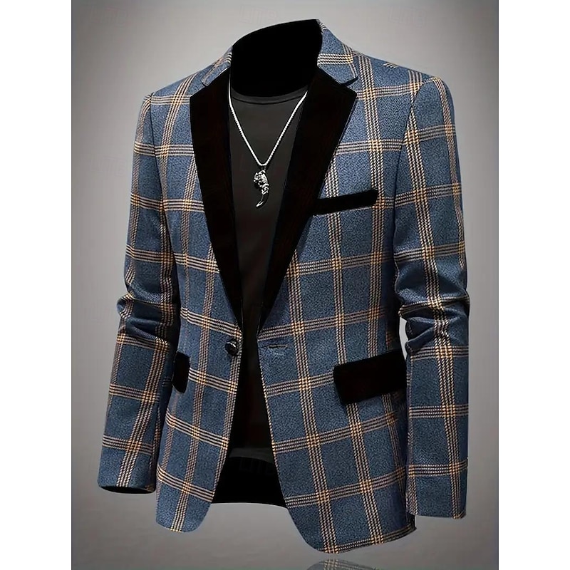 Men's Blazer Jacket Notch Collar Casual Plaid Blazer Dusty Blue Tailored Fit Single Breasted One-button2