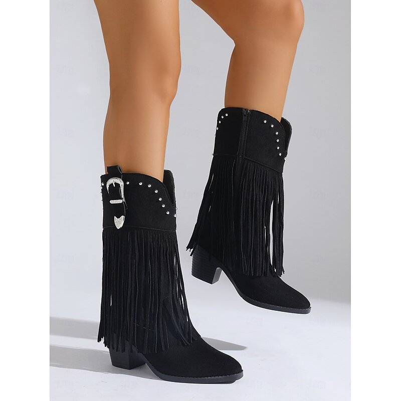 Women's Black Fringe Western Boots – Mid-Calf Cowgirl Boots with Studded Buckle and Block Heel for Rodeo, Country Concerts & Fall Outfits - Main Image