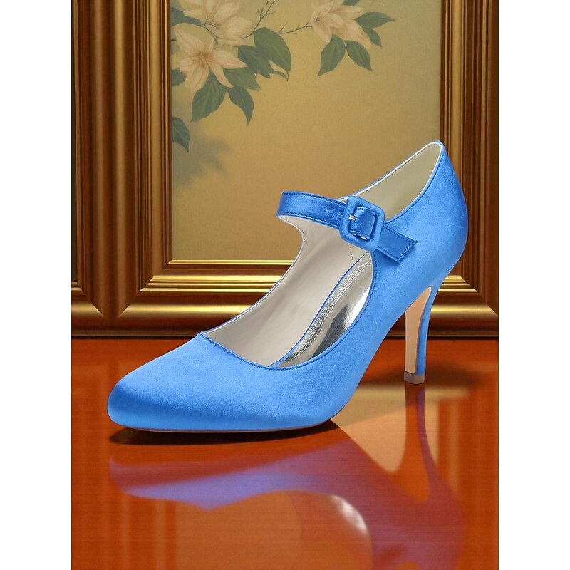 Women's Champagne Satin Mary Jane Heels with Crystal Buckle, Elegant Pointed Toe Pumps for Cocktail Parties3
